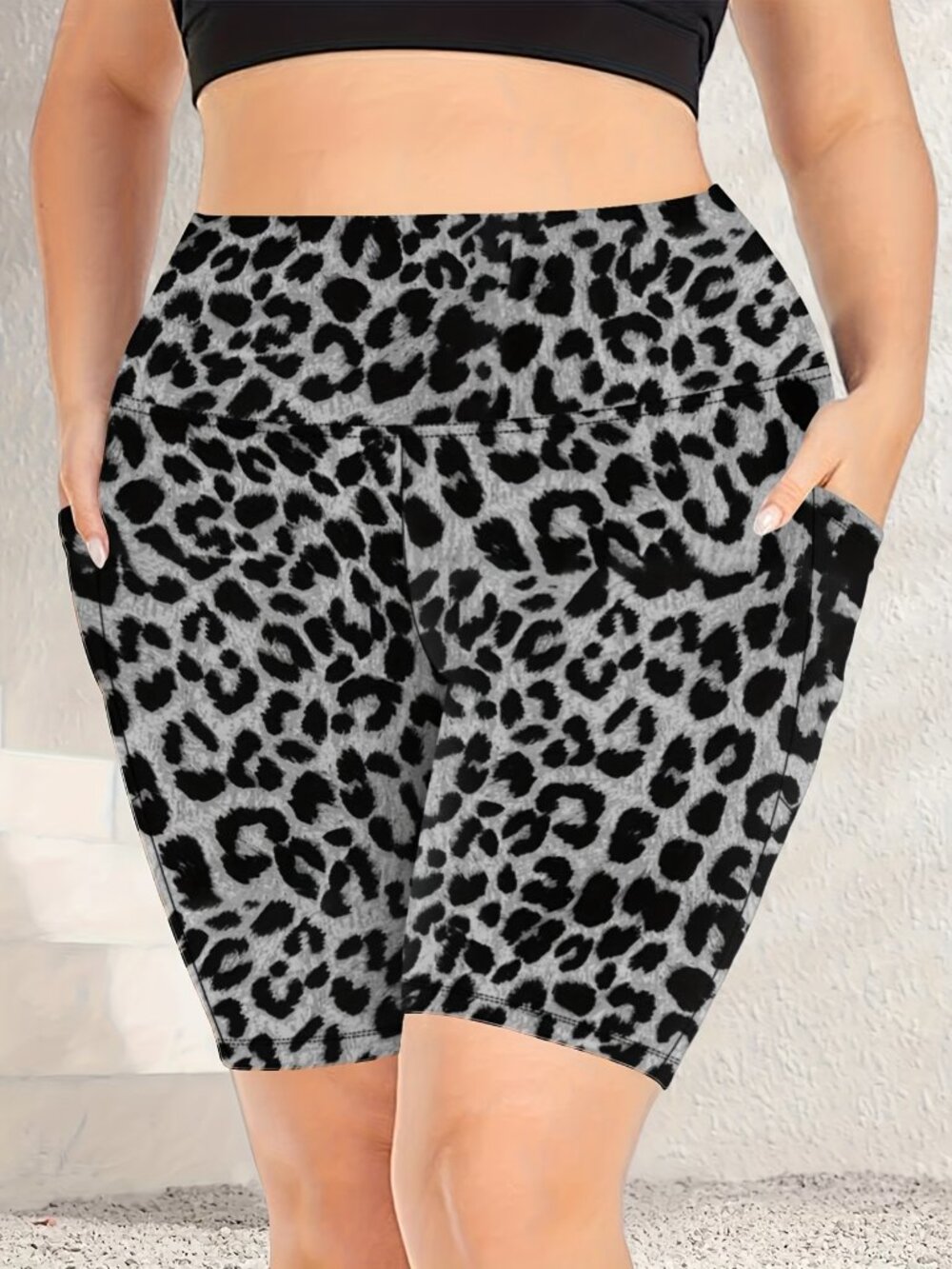 Women Plus Buttery Soft Bike Shorts W/ Pockets Grey Leopard 1X